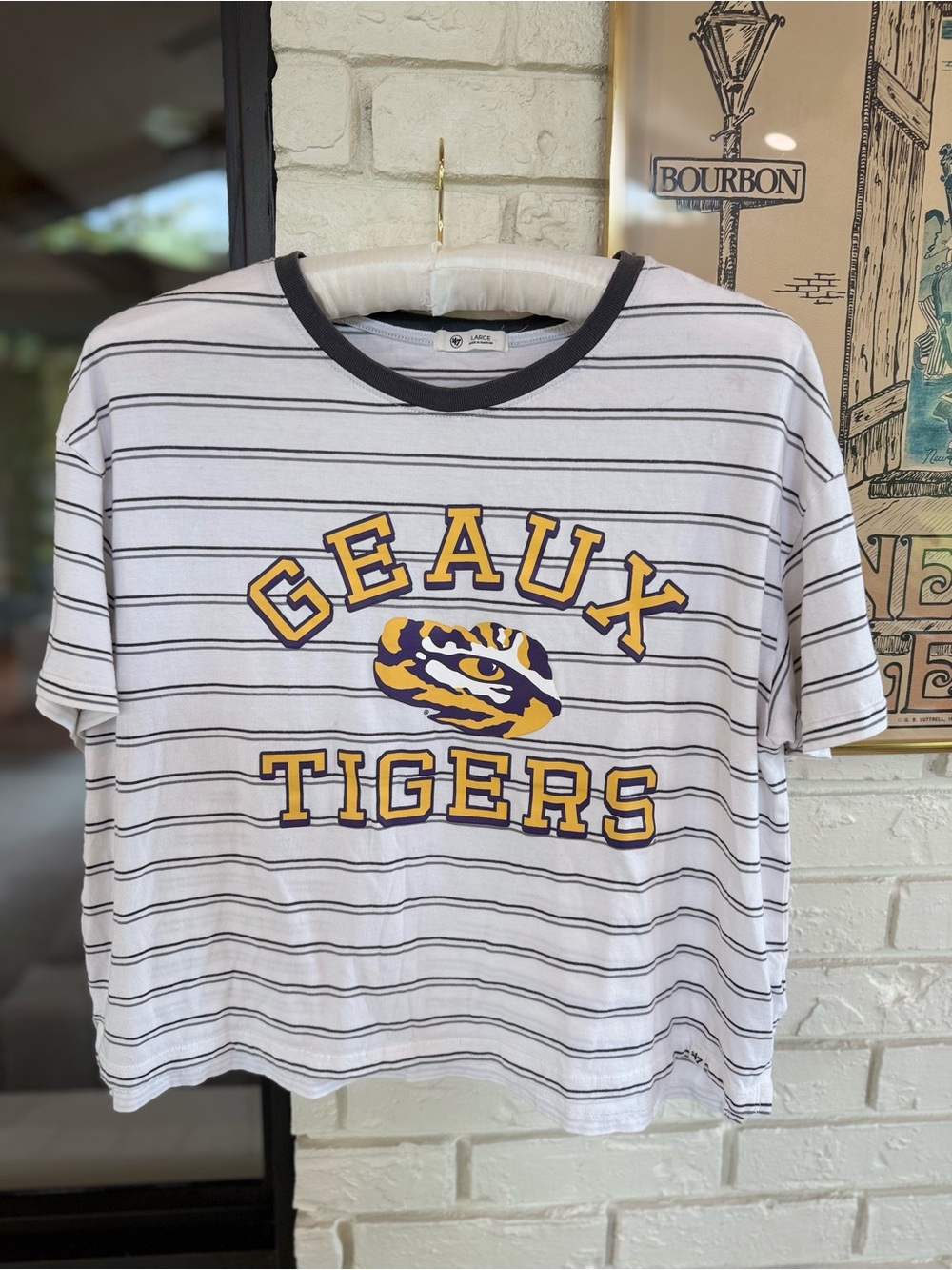 47 Brand White Striped 'Geaux Tigers' Tee with Black, Purple & Gold